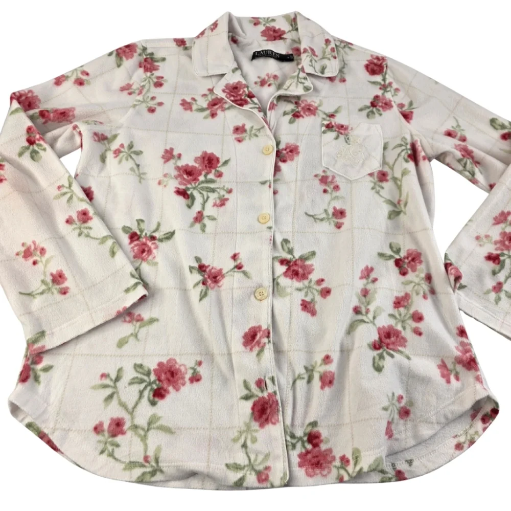 Lauren Ralph Lauren M White W/Red Floral Pajama Set Monogram Pocket AF-2998 - Picture 3 of 14
